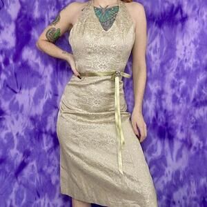 Gold and cream 90s vintage halter neck midi dress with ribbon waist